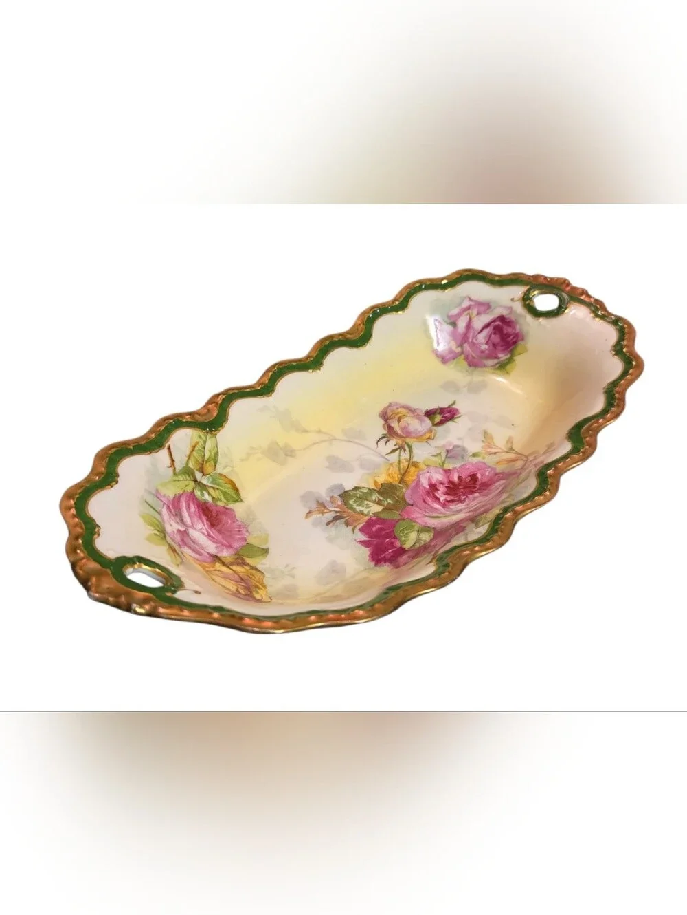 Antique Coronet Limoges France Porcelain Celery Dish Pink Roses Gold Trim 1906